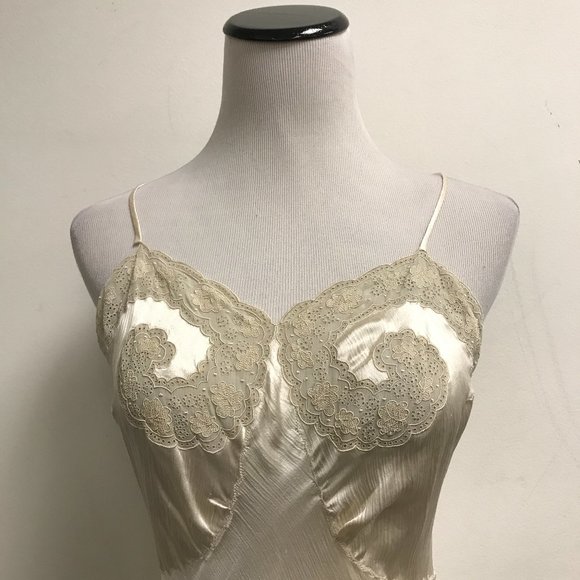 Vintage ivory lace silk gown spaghetti straps long gown chemise lingerie M - Picture 1 of 5